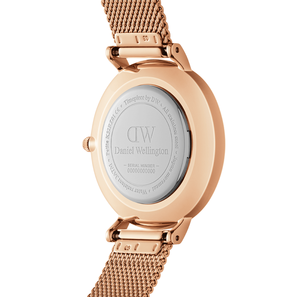 Back view of the Petite Melrose Rose Gold watch showing the engraved stainless steel case, rose gold finish, and adjustable mesh strap with spring bar connector.