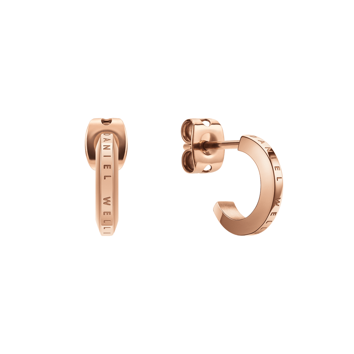 A pair of Daniel Wellington Elan Earrings in rose gold, featuring a petite huggie design with a subtle engraved logo and a smooth, polished finish, shown from both front and side angles.