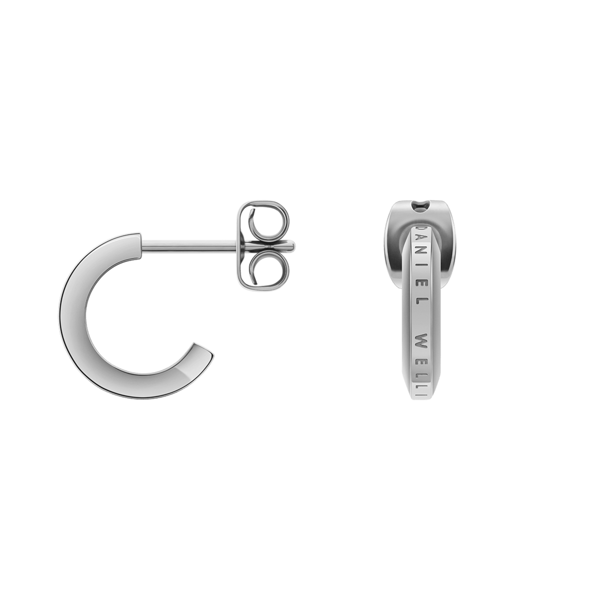 Elan Earrings Silver shown from side and front angles, featuring a petite huggie-style hoop in polished stainless steel with the Daniel Wellington logo engraved along the outer edge.