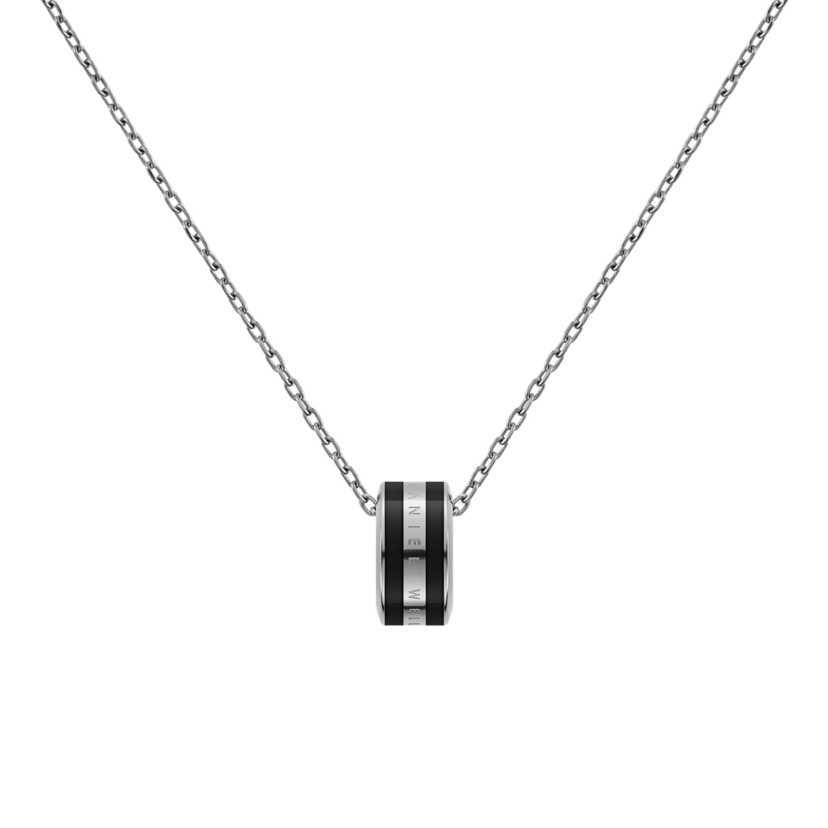 Close-up of the Emalie Necklace Silver Black showing a polished silver chain with a bold black enamel pendant, featuring engraved branding for a sleek and modern finish.