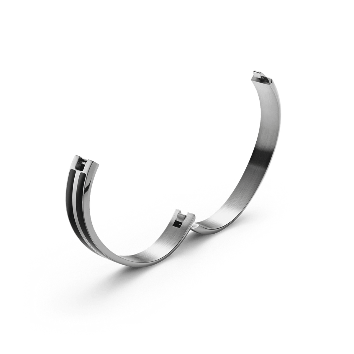 Emalie Infinite Silver Black bracelet shown open, highlighting the concealed closing system and smooth stainless steel interior for comfortable everyday wear.