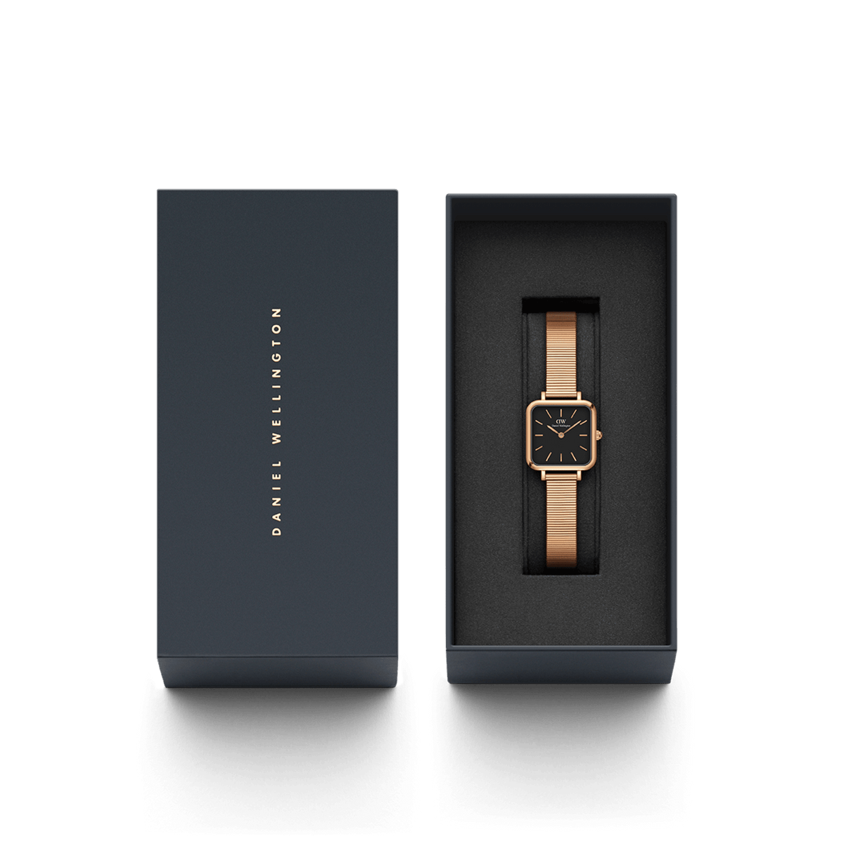 Quadro Studio Black Rose Gold watch presented in a sleek Daniel Wellington gift box, featuring a square black dial and slim rose gold piano link strap, ideal for gifting or adding to your collection.