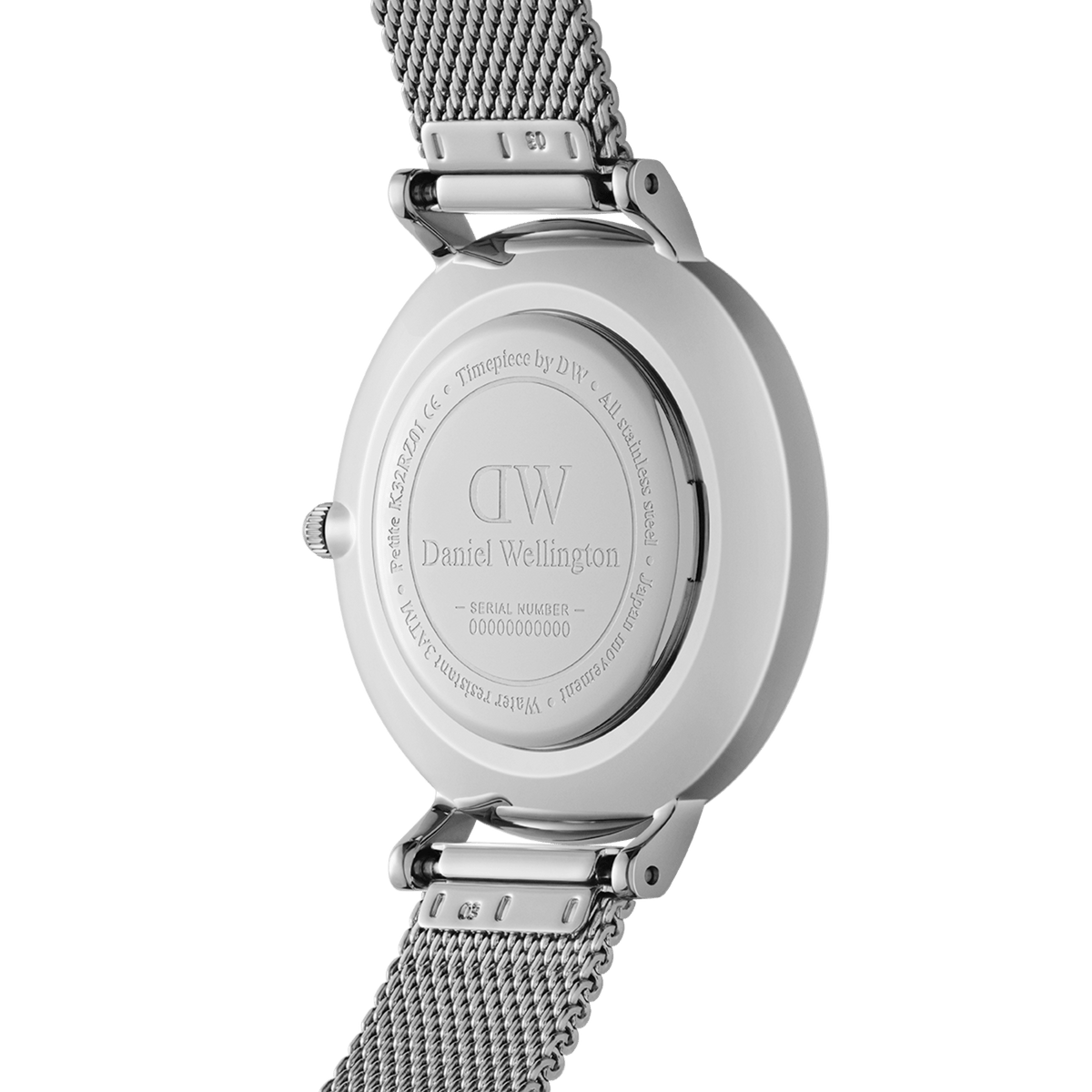 Back view of the Petite Lumine Pressed Piano Black MoP Silver watch showing the engraved stainless steel case and adjustable mesh-inspired Studio Strap, highlighting the quality craftsmanship and secure fit.