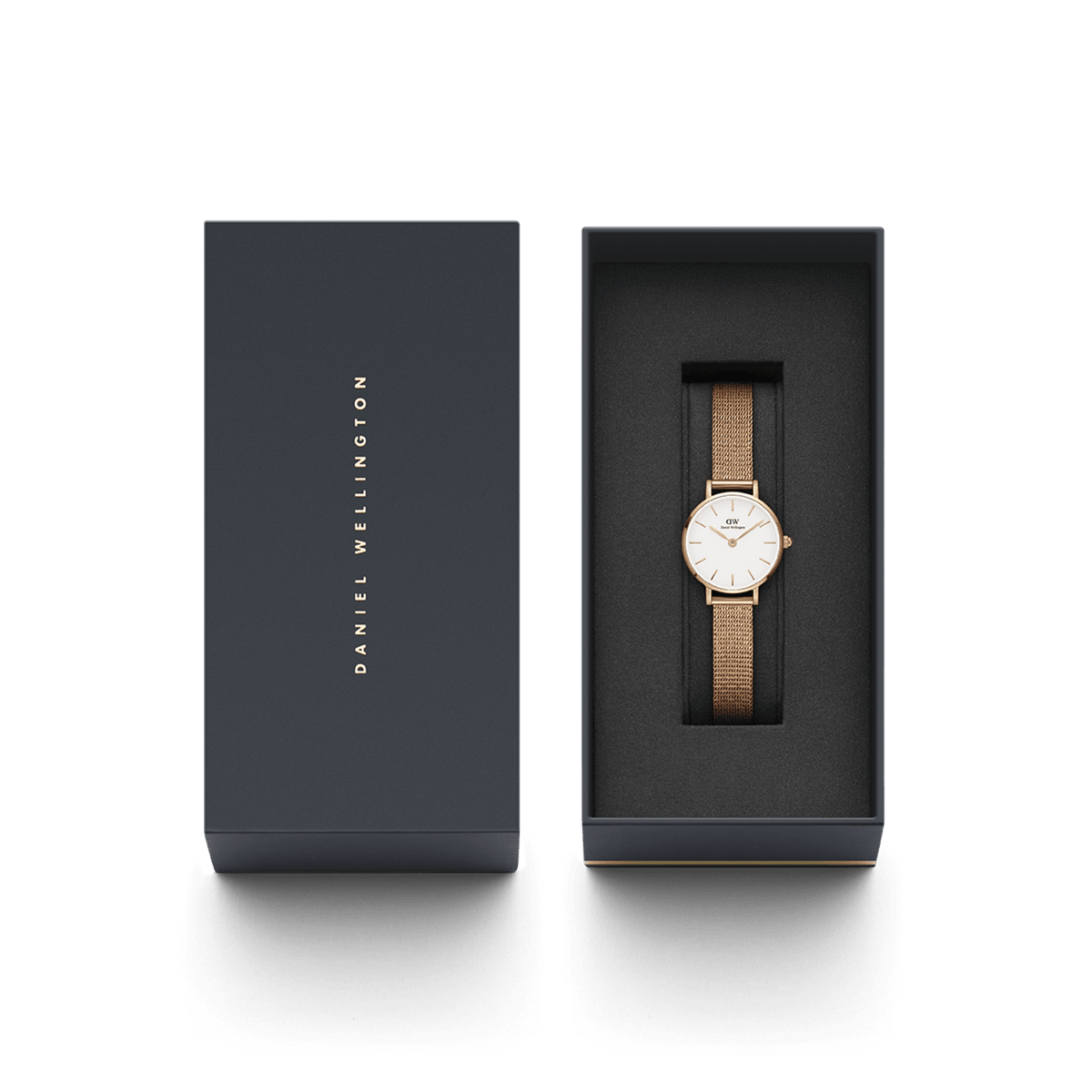 Petite Pressed Melrose Rose Gold ladies watch with a rose gold mesh strap and minimalist white dial, elegantly presented in a branded gift box, ideal for gifting or adding to a personal collection.