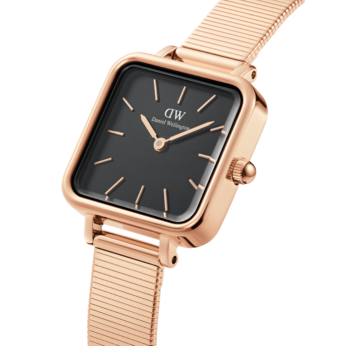 Quadro Studio Black Rose Gold watch with a square black dial, slim rose gold hands and markers, and a sleek rose gold piano link strap, highlighting its modern and elegant design for women.