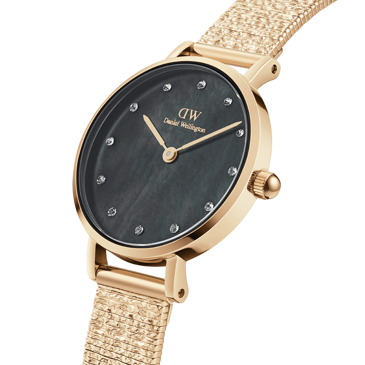 Petite Lumine Pressed Piano Black MoP Gold watch with a black mother of pearl dial, crystal hour markers, and a slim gold mesh-inspired pressed piano link strap.