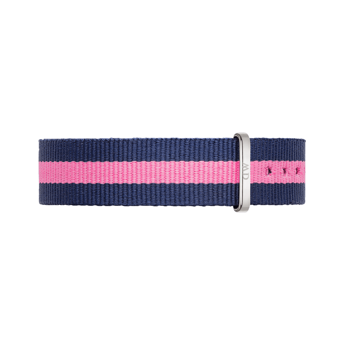 Navy blue and pink striped 18mm NATO style watch strap with a polished silver buckle, made from durable polyester fabric.
