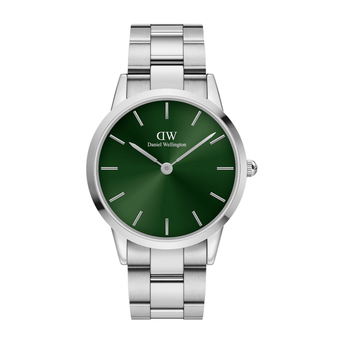 Iconic Link Emerald Green Silver watch featuring a vibrant emerald green dial, minimalist hour markers, and a polished stainless steel link bracelet, designed for versatile daily wear.