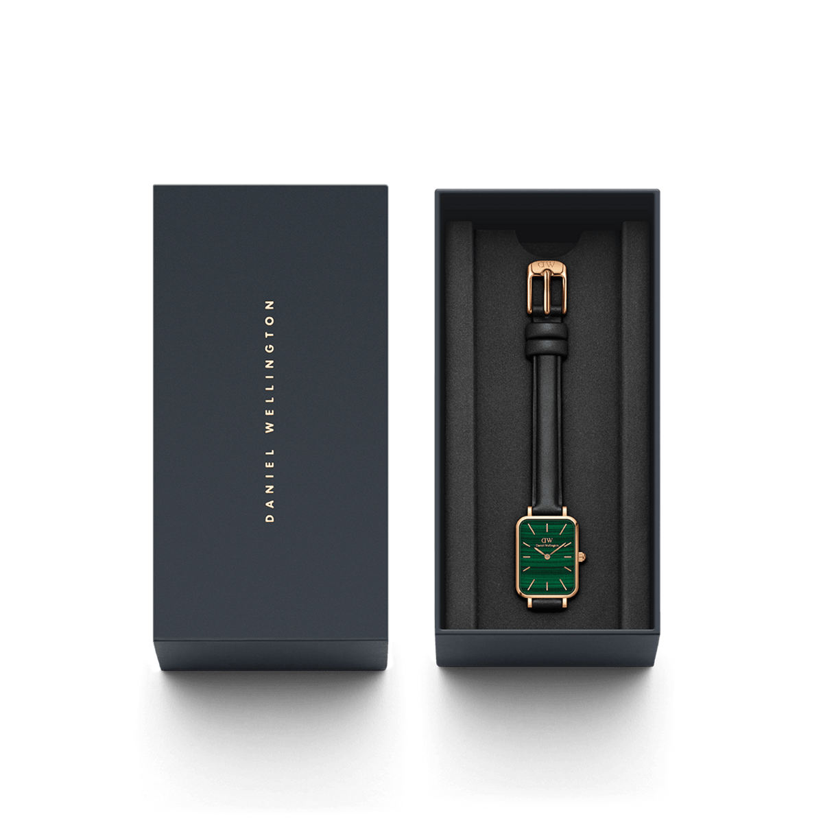 Quadro Pressed Sheffield Green Rose Gold presented in a sleek Daniel Wellington gift box, featuring a rectangular green dial, rose gold case, and black leather strap, ideal for gifting or everyday elegance.