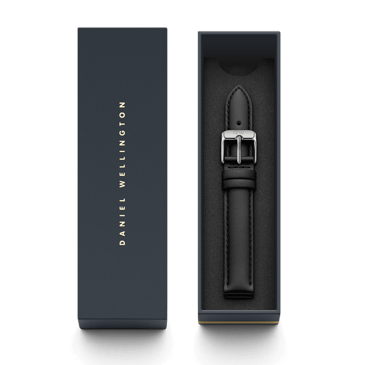 Sheffield Strap Silver black leather watch strap with a polished silver buckle, neatly presented in a Daniel Wellington gift box.