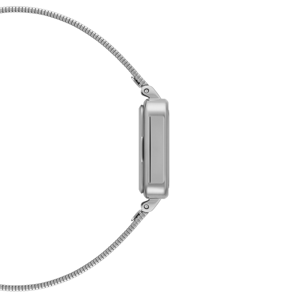 Side profile of the Quadro Studio Silver ladies watch, showing the slim stainless steel case and flexible piano link strap for a comfortable fit.