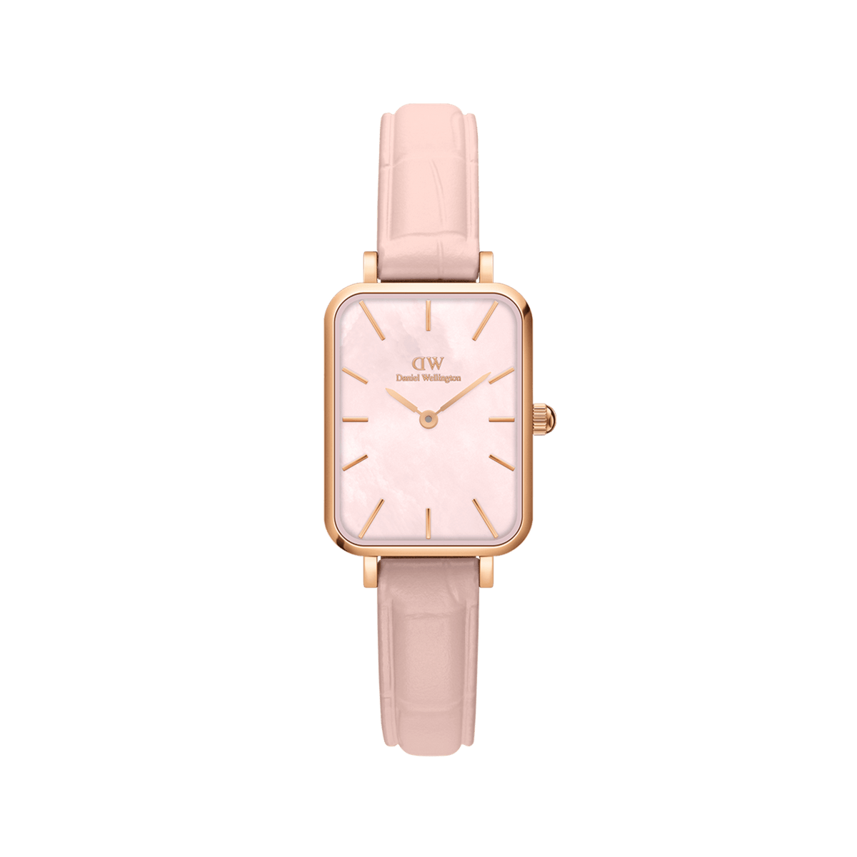 Quadro Pressed Rouge ladies watch featuring a slim rectangular rose gold case, pink mother of pearl dial, and a nude pink croc-pattern leather strap.