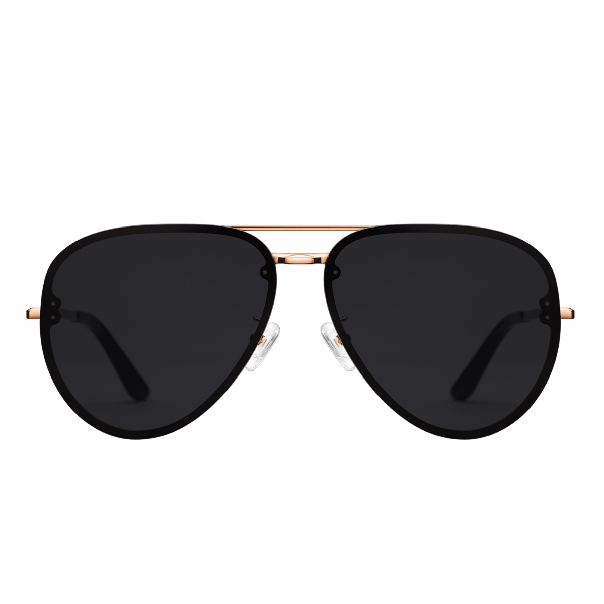 Avion Steel Rose Gold sunglasses with a classic aviator shape, featuring a lightweight rose gold plated stainless steel frame and dark UV400 protective lenses, shown from the front against a plain background.