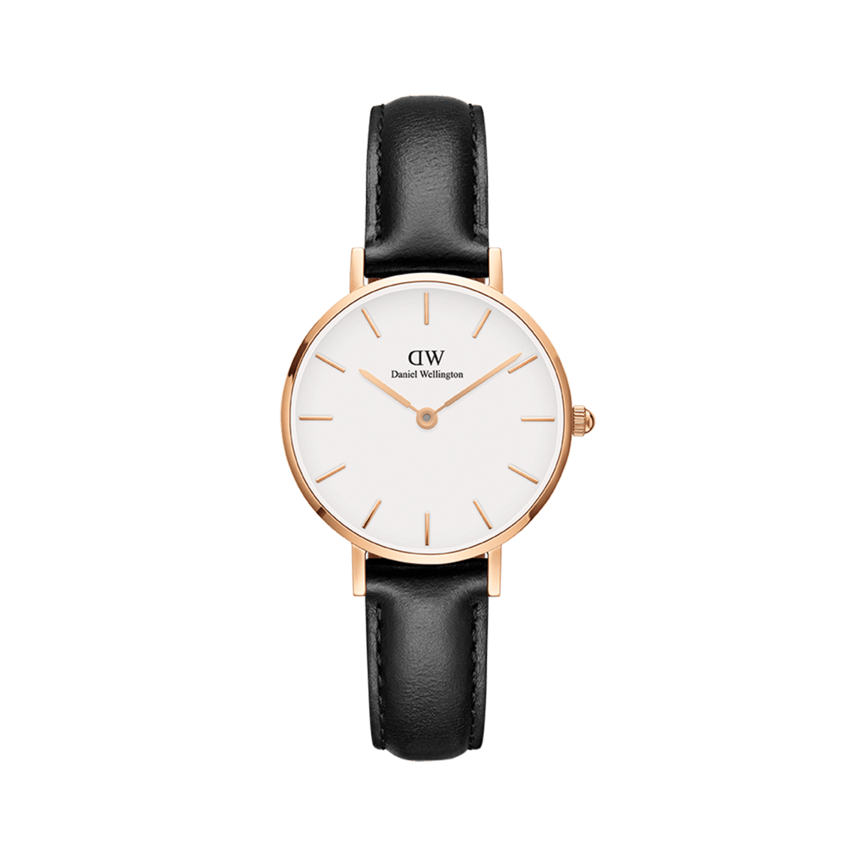 Petite Sheffield Rose Gold ladies watch featuring a rose gold stainless steel case, minimalist white dial, and a genuine black leather strap with rose gold detailing.