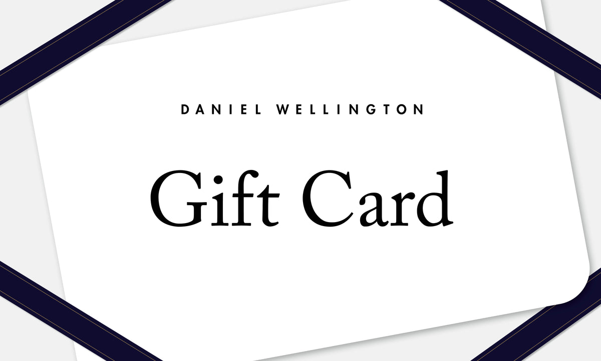 Daniel Wellington Gift Card with a minimalist white design, bold black lettering, and navy blue ribbon accents, presented at an angle for a stylish and elegant look.