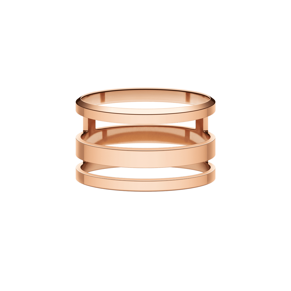 Minimalist rose gold ring featuring three parallel bands and an open structure, designed for modern style and everyday comfort.