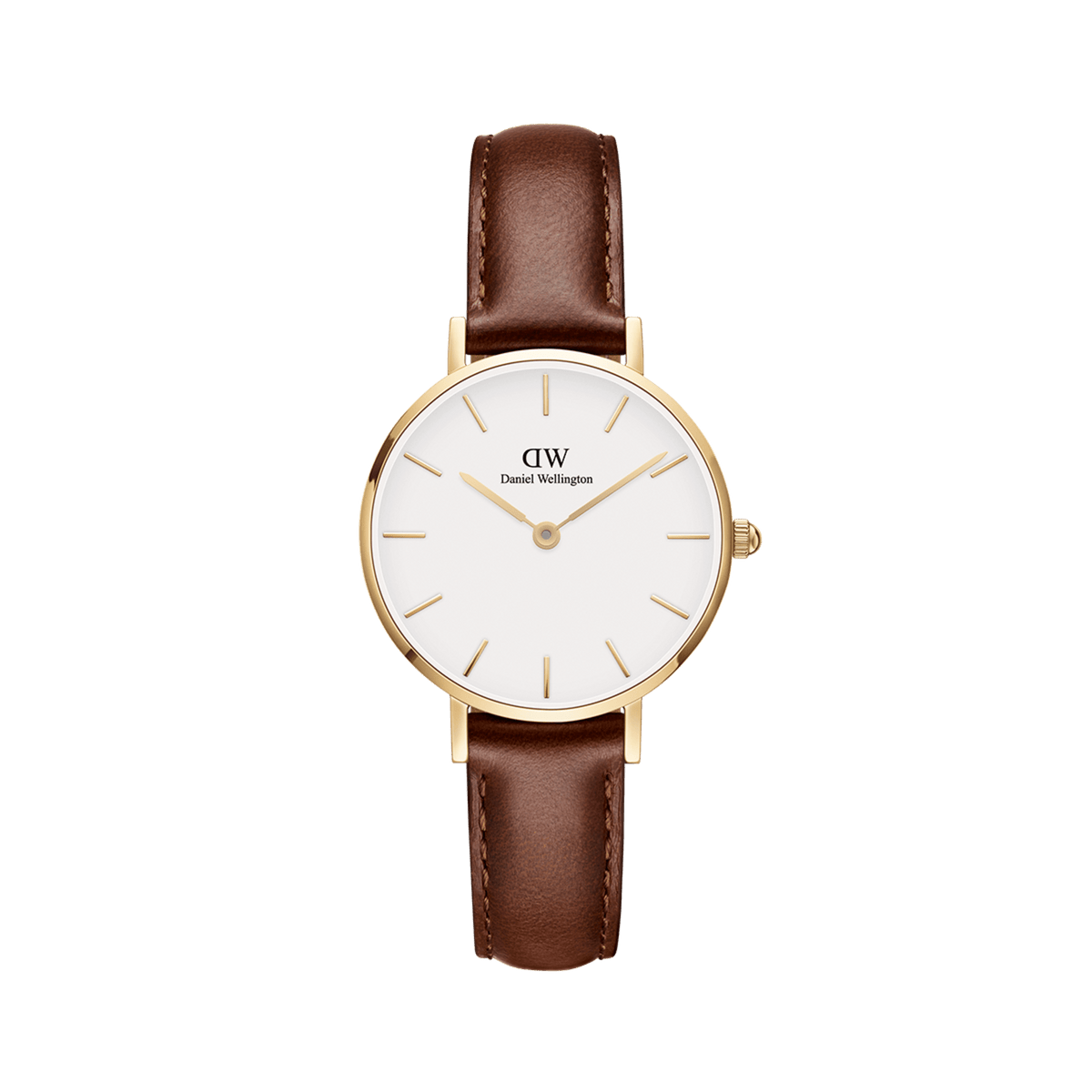 Petite St Mawes Gold showcases a slim gold-plated case, minimalist white dial, and a genuine brown leather strap, offering a classic and elegant gold watch for women.