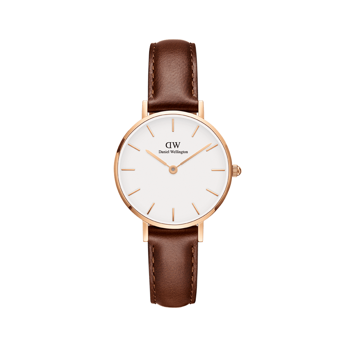 Petite St Mawes women’s watch featuring a rose gold-plated case, minimalist white dial, and slim brown genuine leather strap, designed for a comfortable and elegant fit on petite wrists.