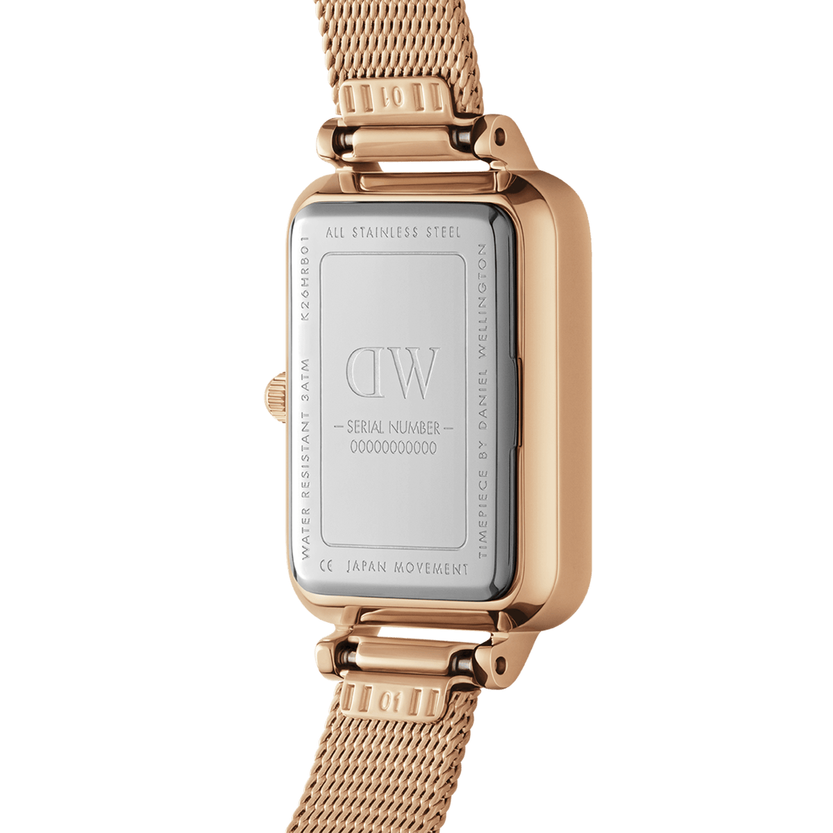Back view of the Quadro Pressed Melrose Pink MoP Rose Gold watch showing the stainless steel case, engraved details, and rose gold mesh strap with adjustable clasp.