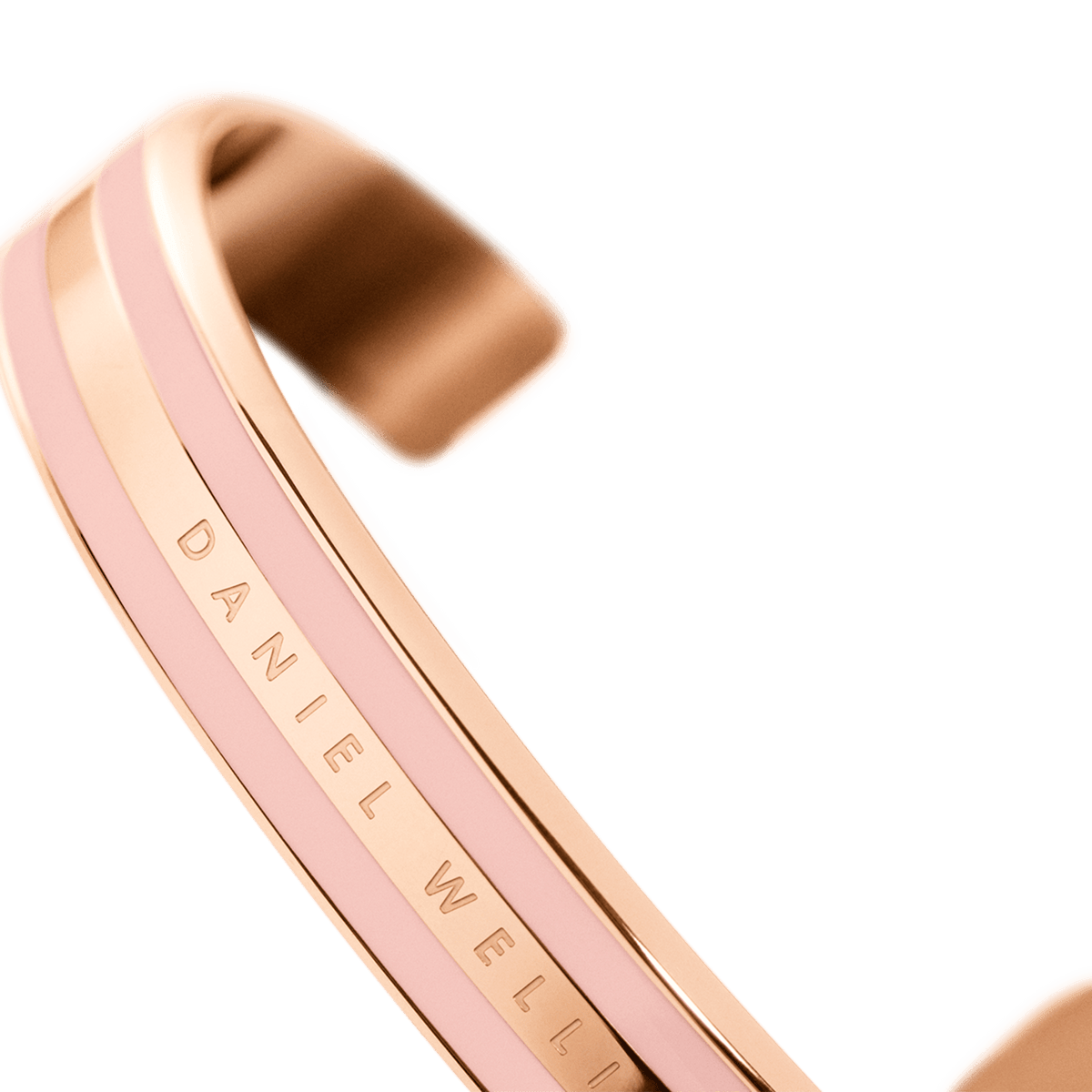 Detail view of the Emalie Bracelet Dusty Rose Rose Gold, highlighting the soft pink enamel and rose gold double-plated stainless steel with Daniel Wellington branding.