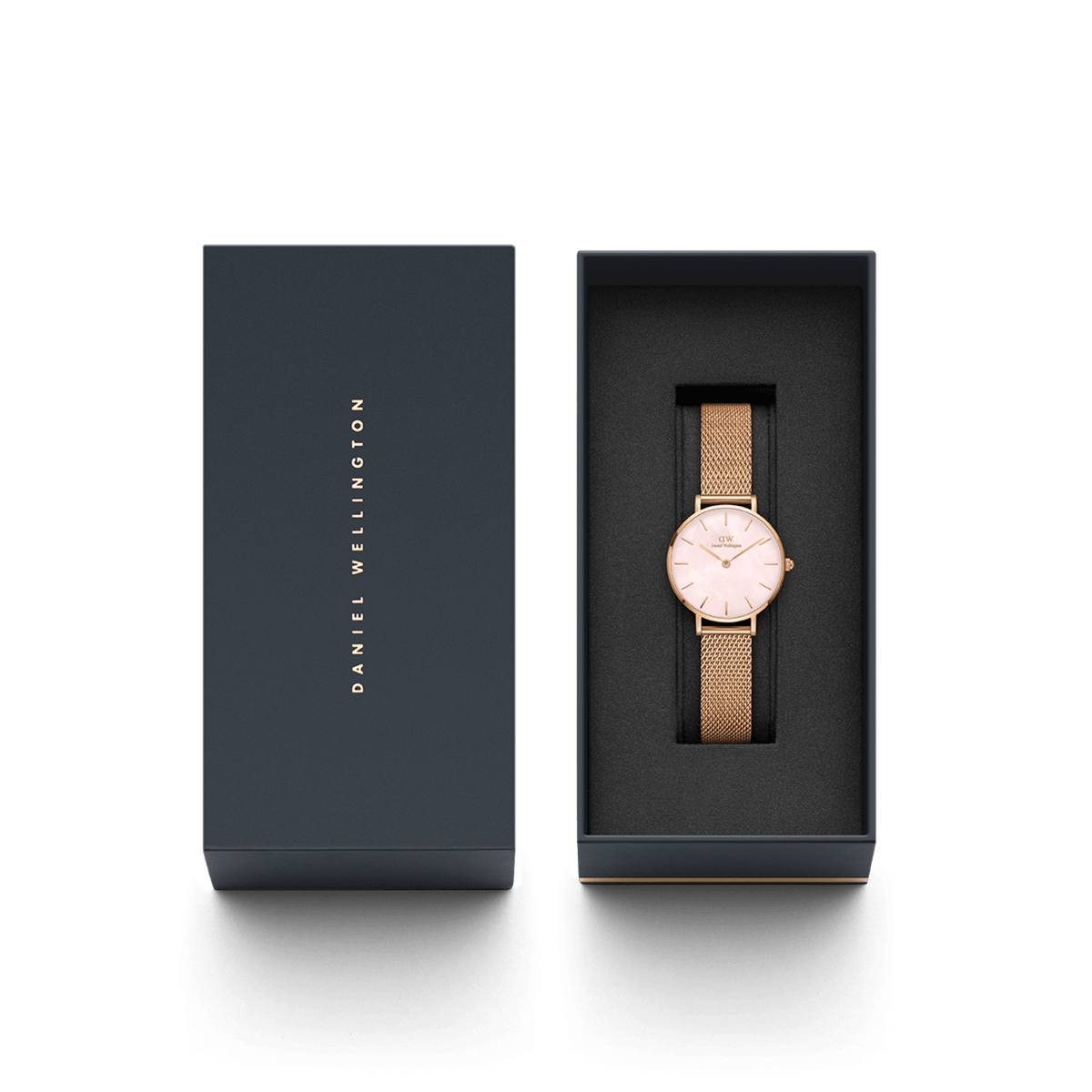 Petite Melrose Pearl rose gold ladies watch with a pink mother of pearl dial, elegantly presented in a branded Daniel Wellington gift box.