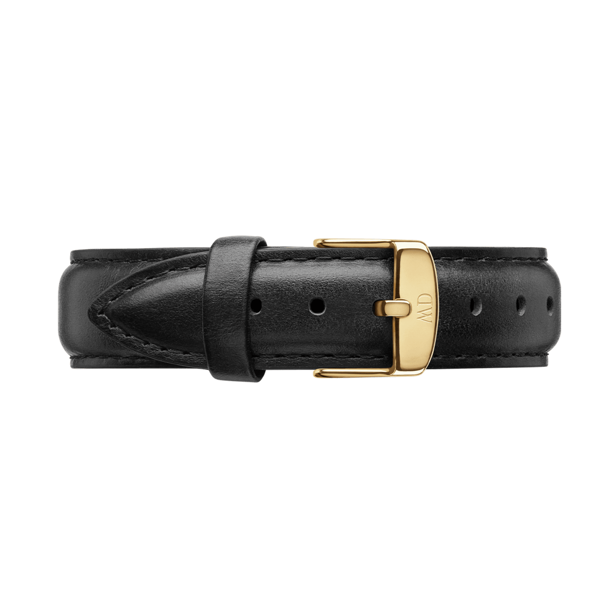 Sheffield Strap Gold in black genuine leather with a smooth finish, neat stitching, and a polished gold buckle, shown from the front to highlight its refined and minimalist design.