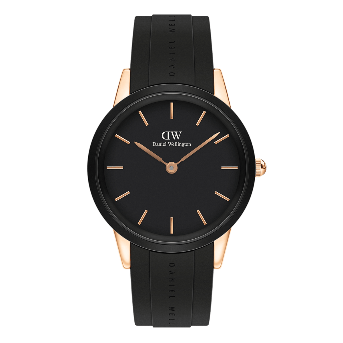 Iconic Motion Rose Gold watch by Daniel Wellington featuring a black dial with rose gold markers, a rose gold stainless steel case, and a black FKM rubber strap for a modern, sporty look.