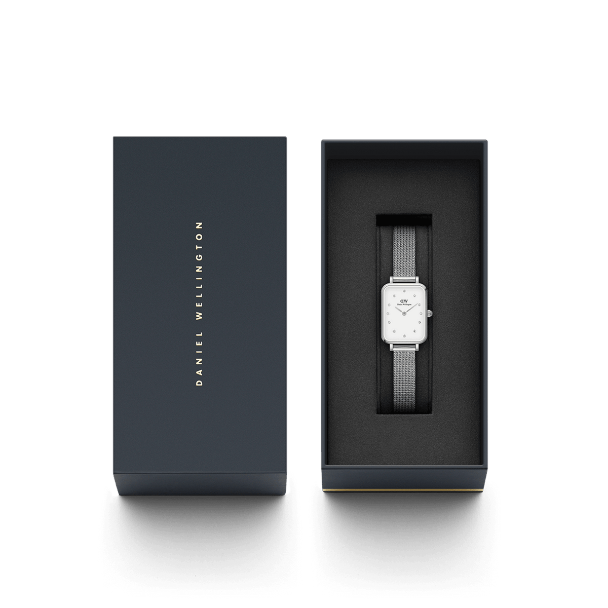 Quadro Lumine Pressed Sterling presented in a sleek Daniel Wellington gift box, featuring a rectangular silver case, crystal-accented dial, and silver mesh bracelet, ideal for gifting or special occasions.