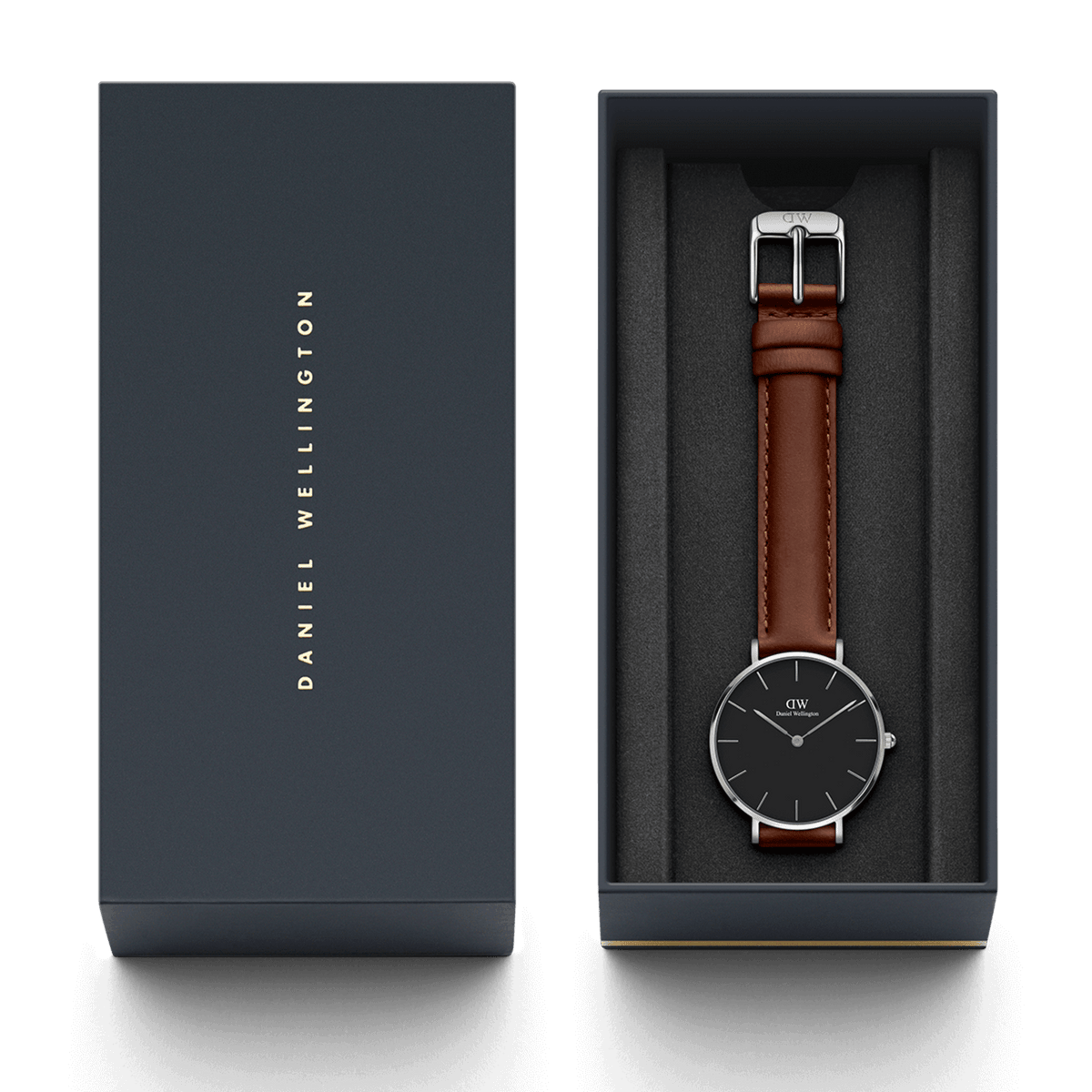 Petite St Mawes Black Silver ladies watch with a black dial and brown leather strap, elegantly presented in a branded Daniel Wellington gift box.