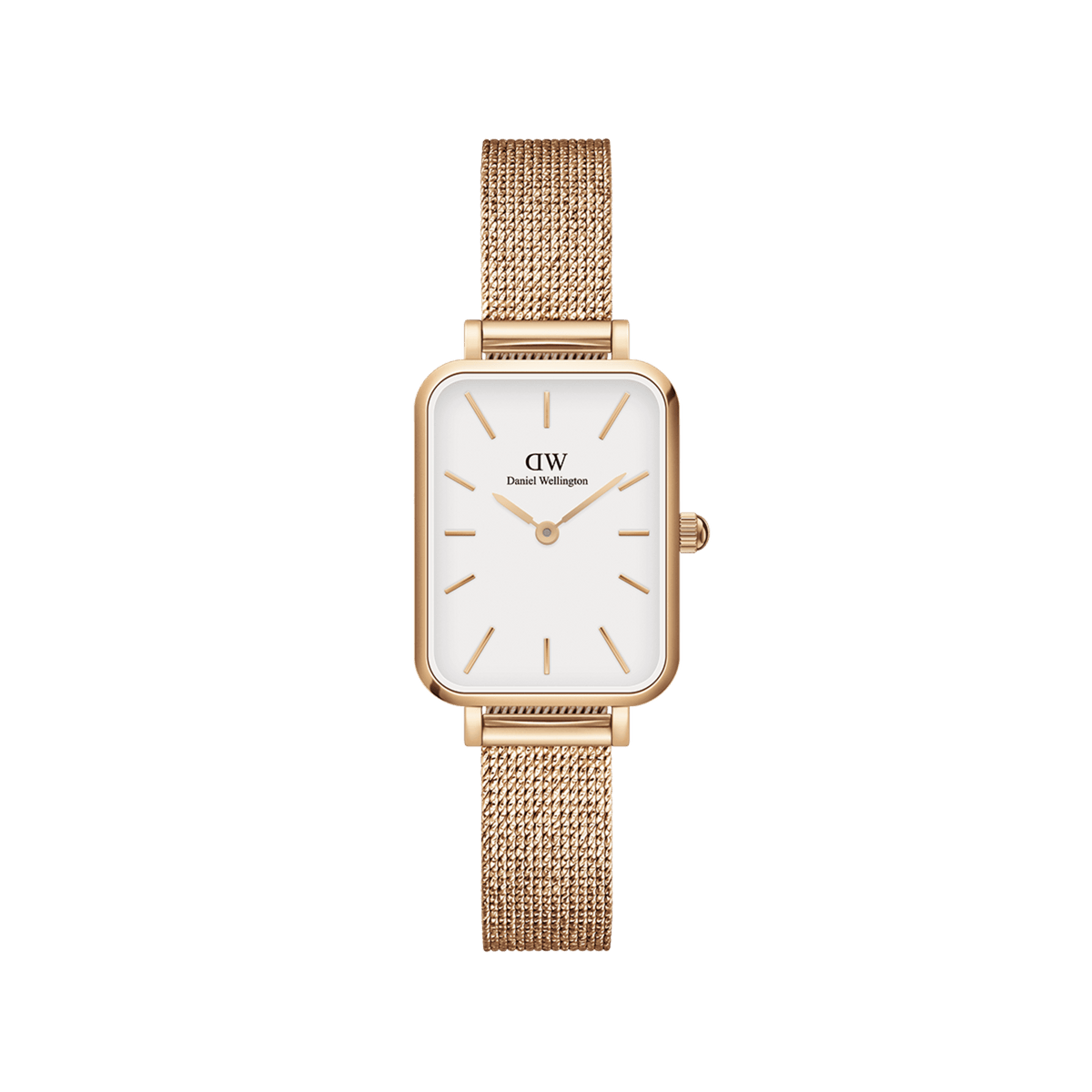 Quadro Pressed Melrose Rose Gold ladies watch featuring a petite rectangular stainless steel case, minimalist eggshell white dial, and an adjustable rose gold mesh strap.