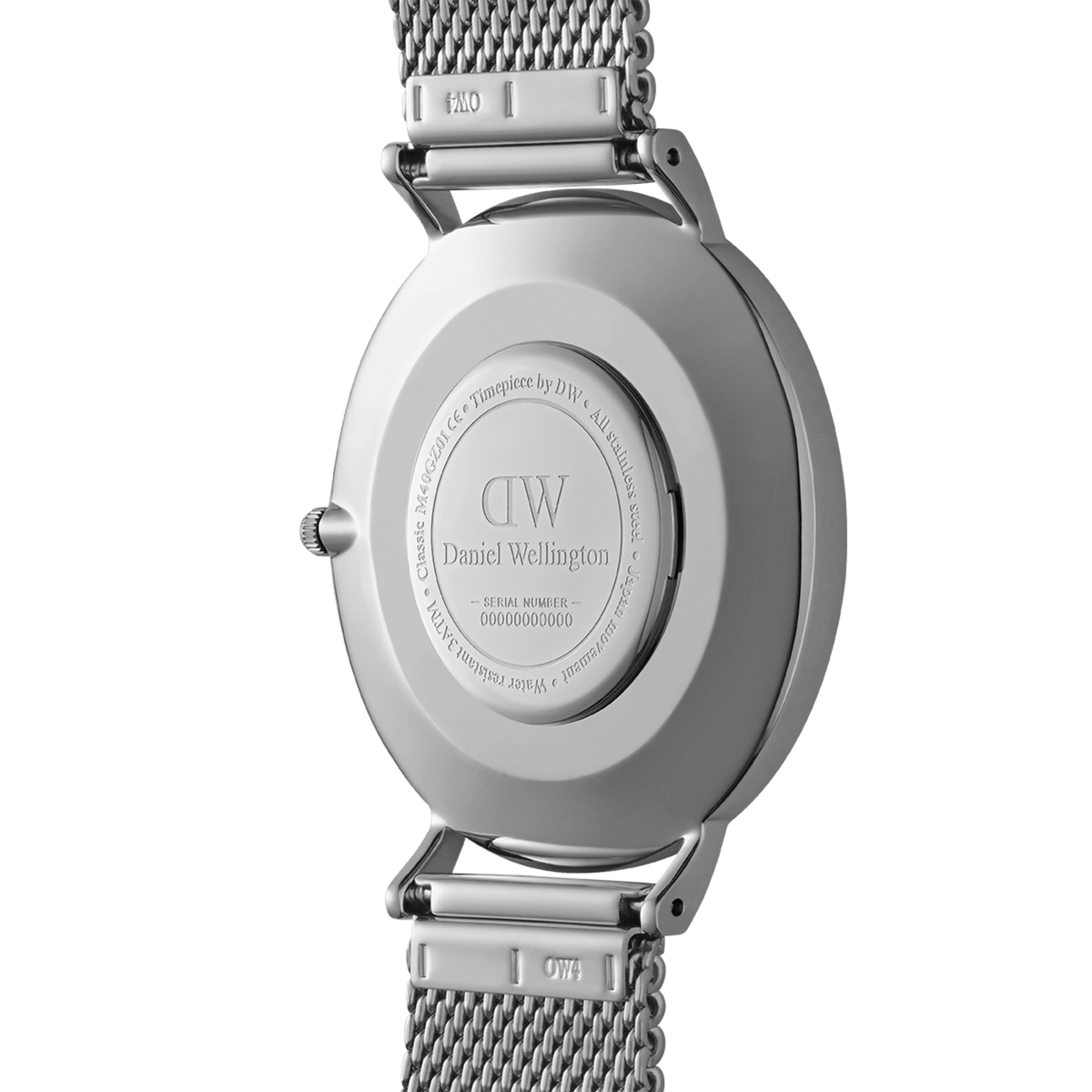 Back view of the Classic Mesh Onyx watch showing the engraved Daniel Wellington caseback, stainless steel mesh strap, and secure clasp, highlighting the quality craftsmanship and attention to detail.