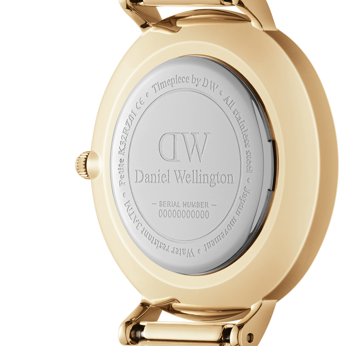 Back view of the Petite Sheffield Gold watch showing the engraved stainless steel case back with Daniel Wellington branding, water resistance details, and a gold-plated finish.