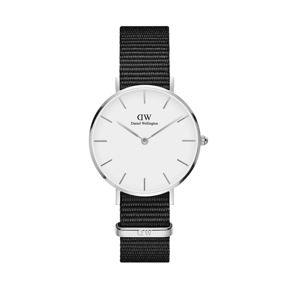 Petite Cornwall Silver ladies watch with a slim silver case, minimalist eggshell white dial, and an adjustable black NATO strap, ideal for petite wrists and everyday wear.