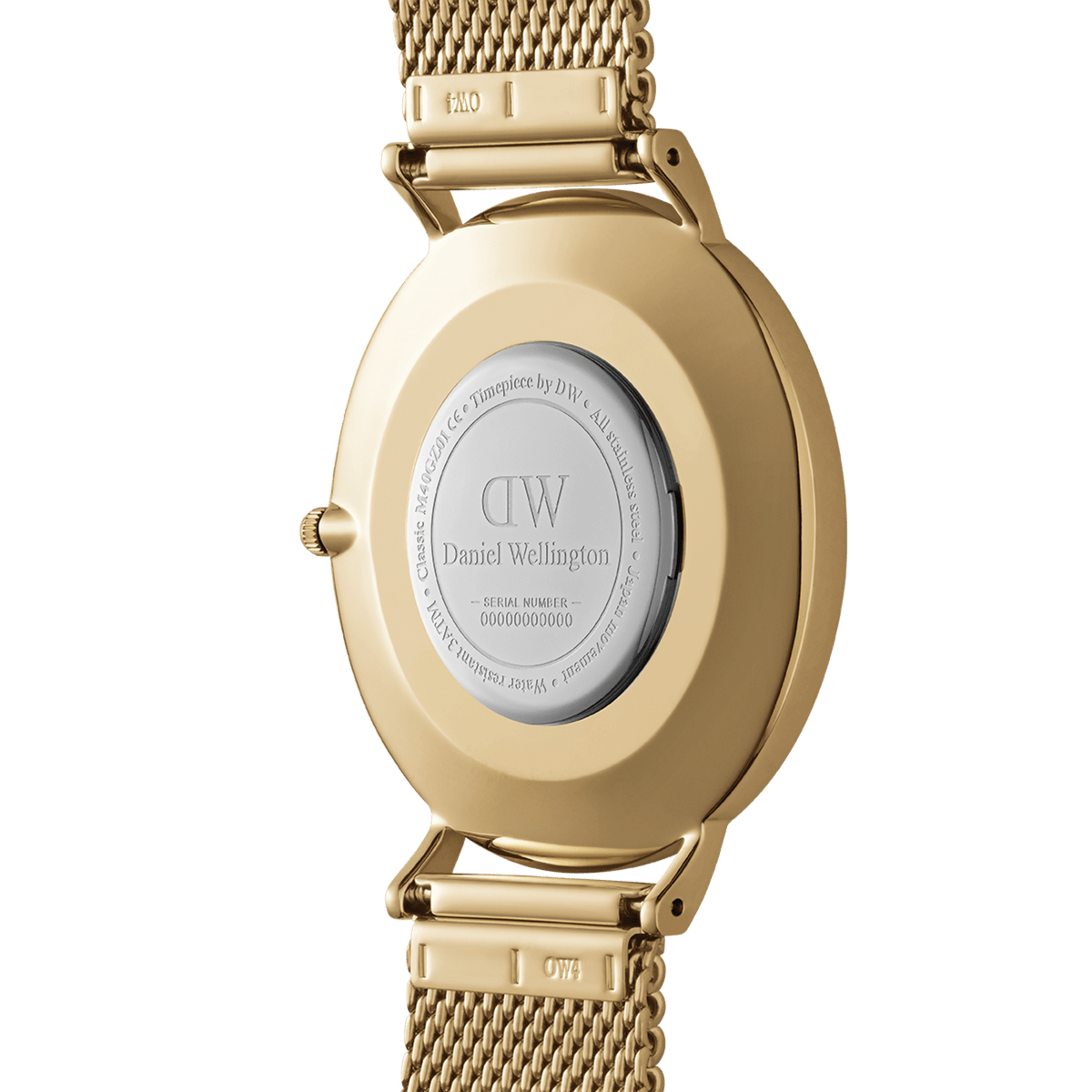 Back view of the Classic Mesh Onyx Gold watch, showing the gold stainless steel case, engraved case back, and mesh strap with secure clasp, highlighting its durable construction and attention to detail.