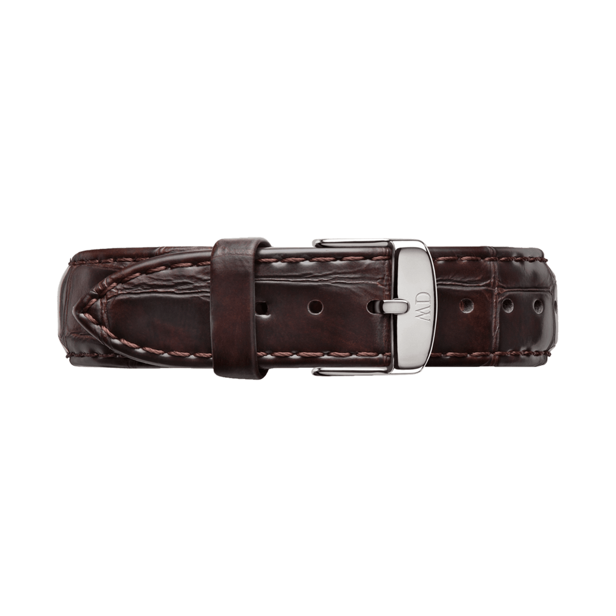 York Strap Silver shown in rich brown crocodile-embossed genuine leather with prominent stitching and a polished silver buckle, highlighting its classic and versatile style for any watch.