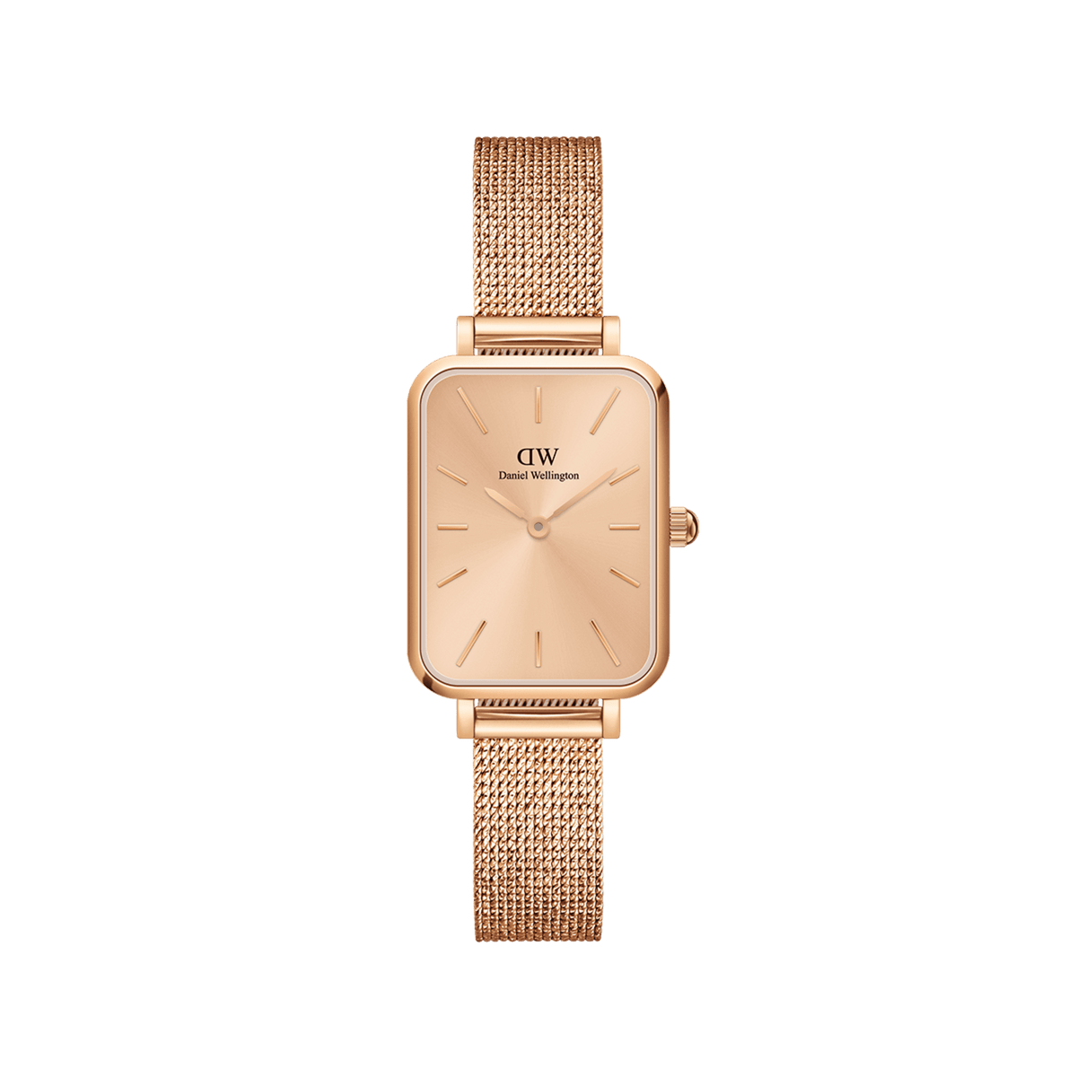 Quadro Pressed Unitone rose gold watch featuring a petite rectangular case, minimalist dial, and a seamless pressed mesh strap, designed for women seeking a refined and versatile accessory for daily wear.