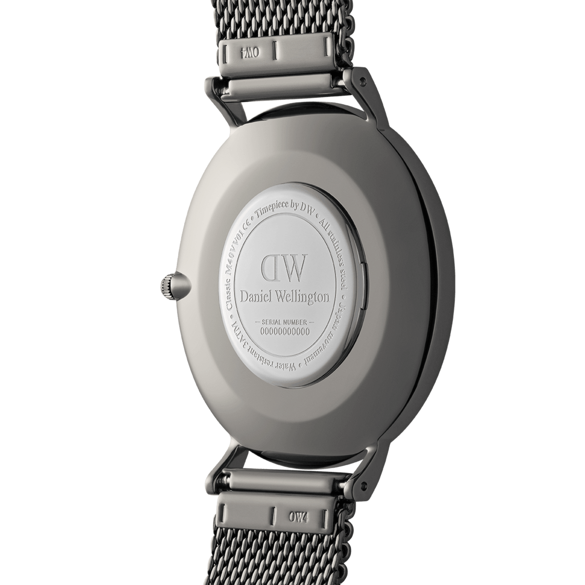 Back view of the Classic Mesh Arctic Silver watch showing the engraved stainless steel case, serial number, and bright silver mesh strap with secure connectors.