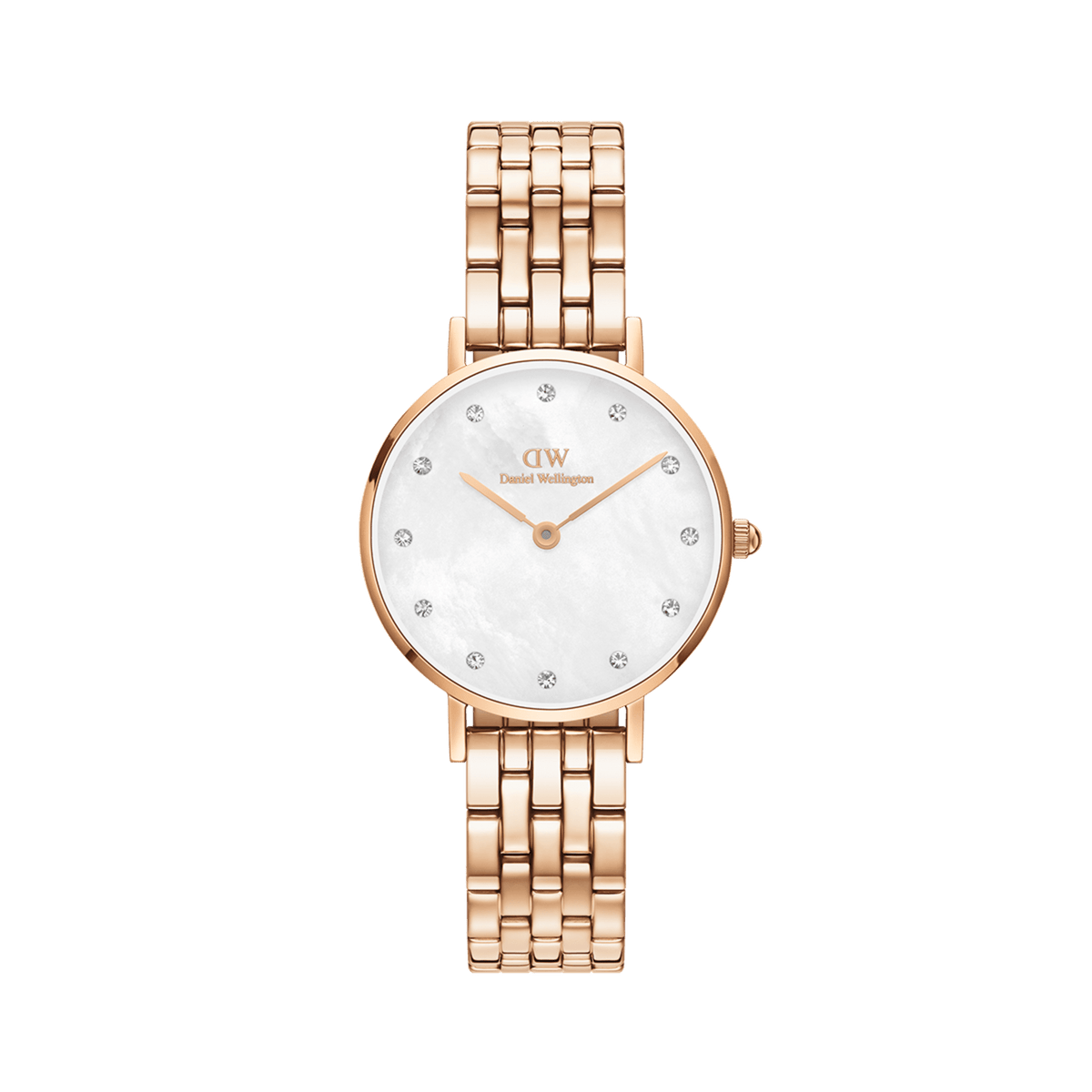 Rose gold ladies watch with a five-link bracelet, featuring a white mother of pearl dial and crystal hour markers, designed for a refined and elegant everyday look.