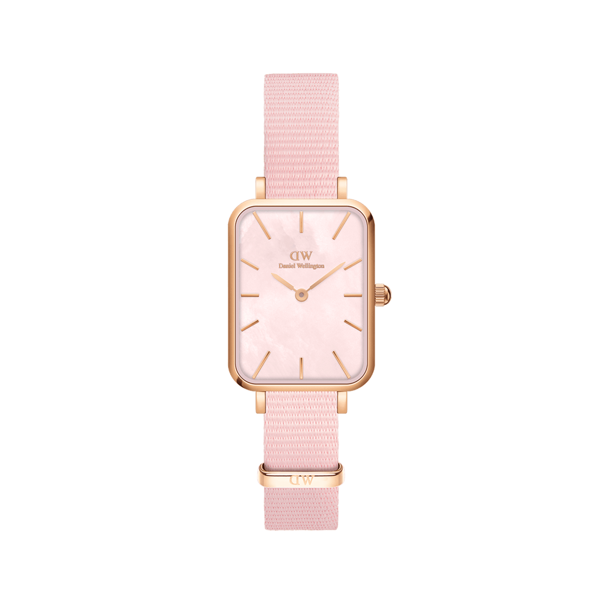 Quadro Coral Pink MoP Rose Gold watch with a slim rectangular rose gold case, pink mother of pearl dial, minimalist hour markers, and a soft pink NATO strap, designed for women seeking a refined and versatile accessory.