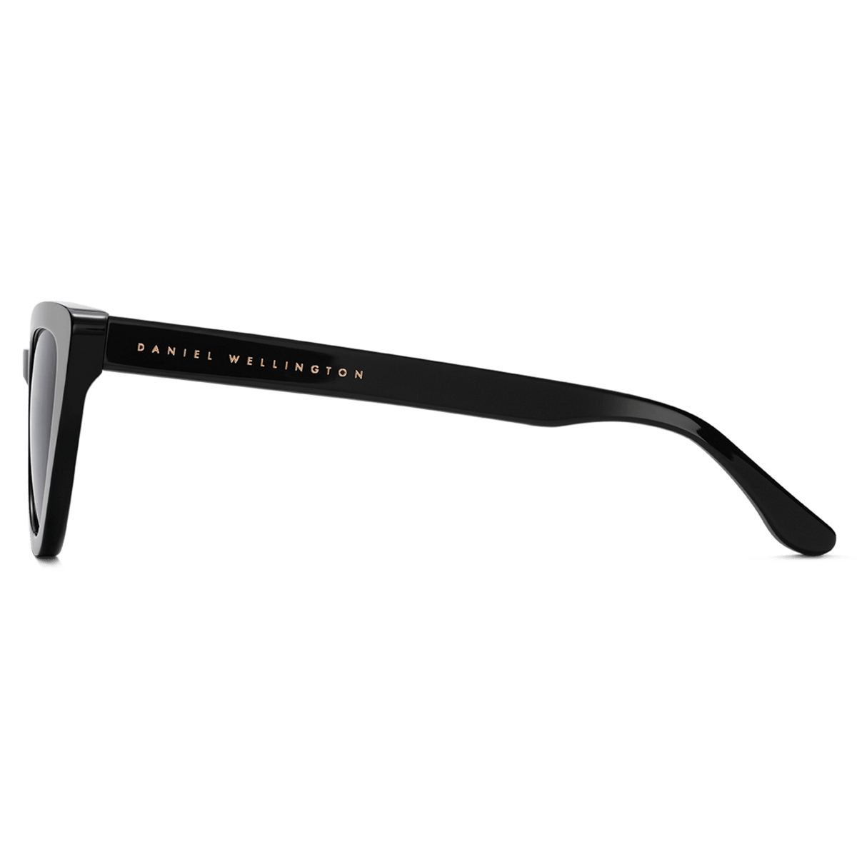 Side view of Lynx Bio-Acetate Black sunglasses showing the glossy black bio-acetate frame and gold Daniel Wellington branding on the temple.