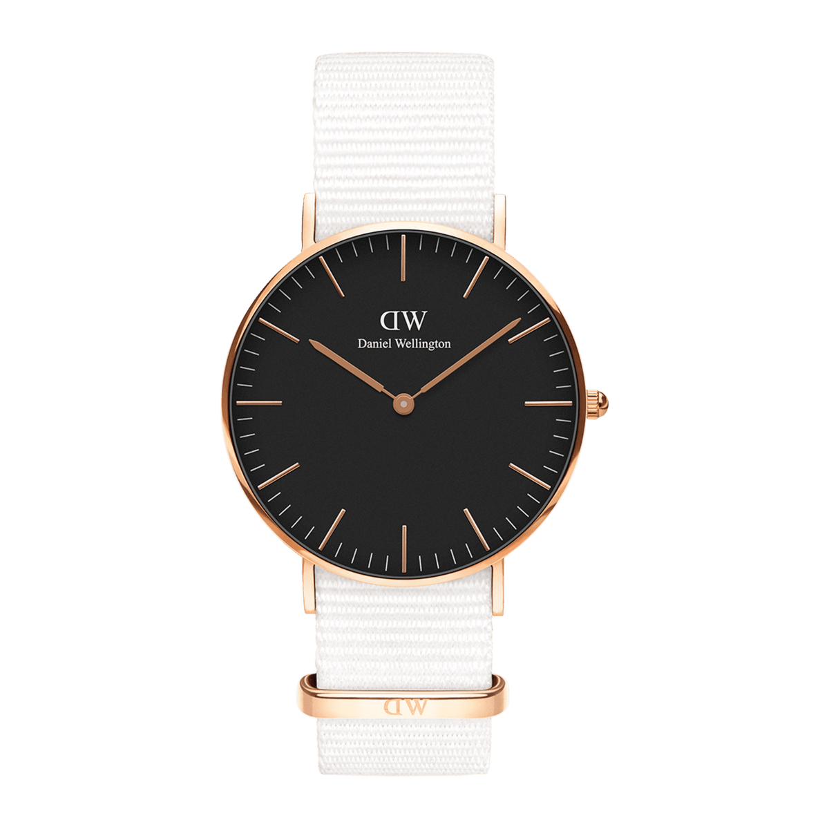 Classic Dover Black Rose Gold watch with a minimalist black dial, rose gold case, and crisp white NATO strap, showcasing a refined and versatile design suitable for both men and women.