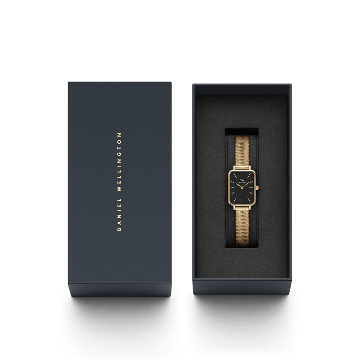 Quadro Pressed Evergold Black Gold is presented in a sleek branded box, featuring a rectangular gold case, black dial, and gold mesh strap, ideal for gifting or stylish everyday wear.