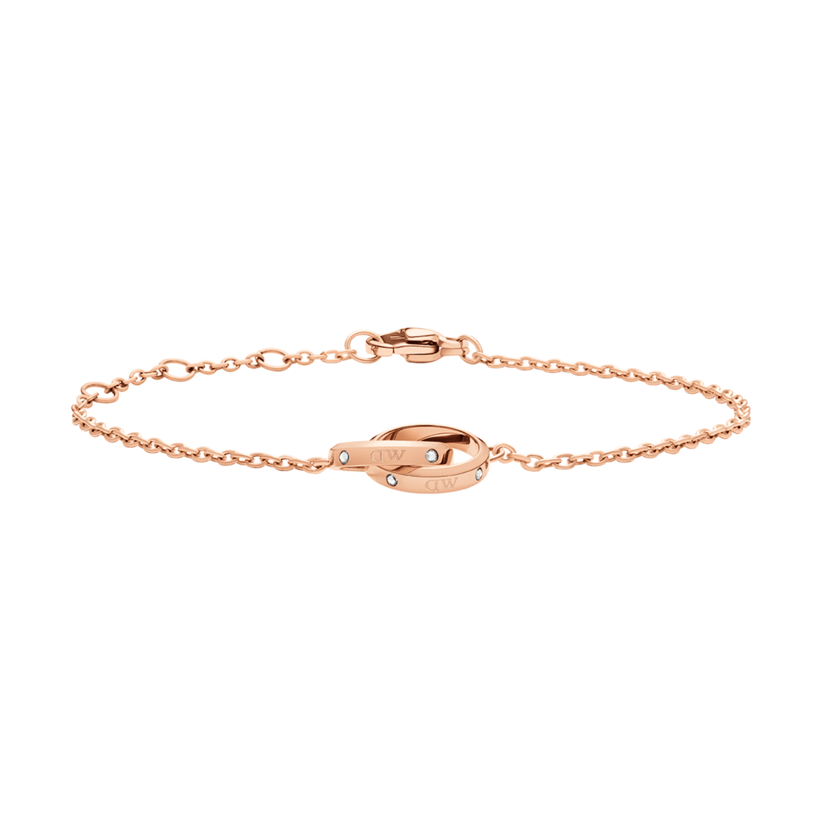 Rose gold Classic Unity Lumine bracelet featuring a slim adjustable chain, intertwined rings, and sparkling crystals, crafted from stainless steel and designed for everyday elegance.