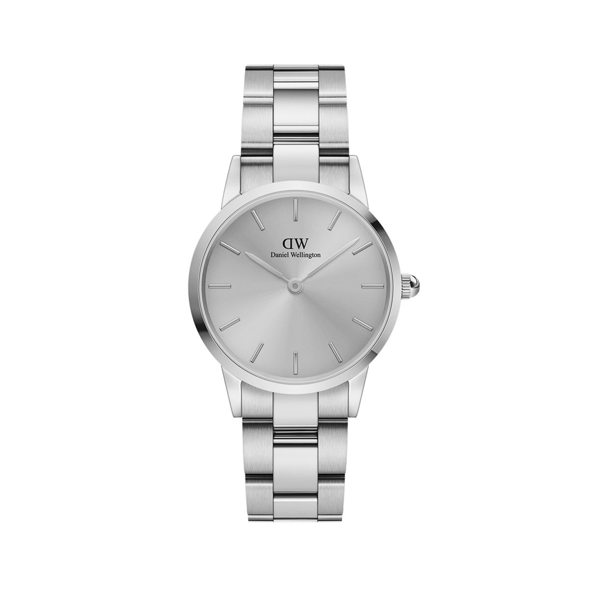 Iconic Link Unitone Silver ladies watch with a polished stainless steel link bracelet, minimalist silver dial and slim 28mm case, showcasing a modern monochrome design suitable for everyday wear.