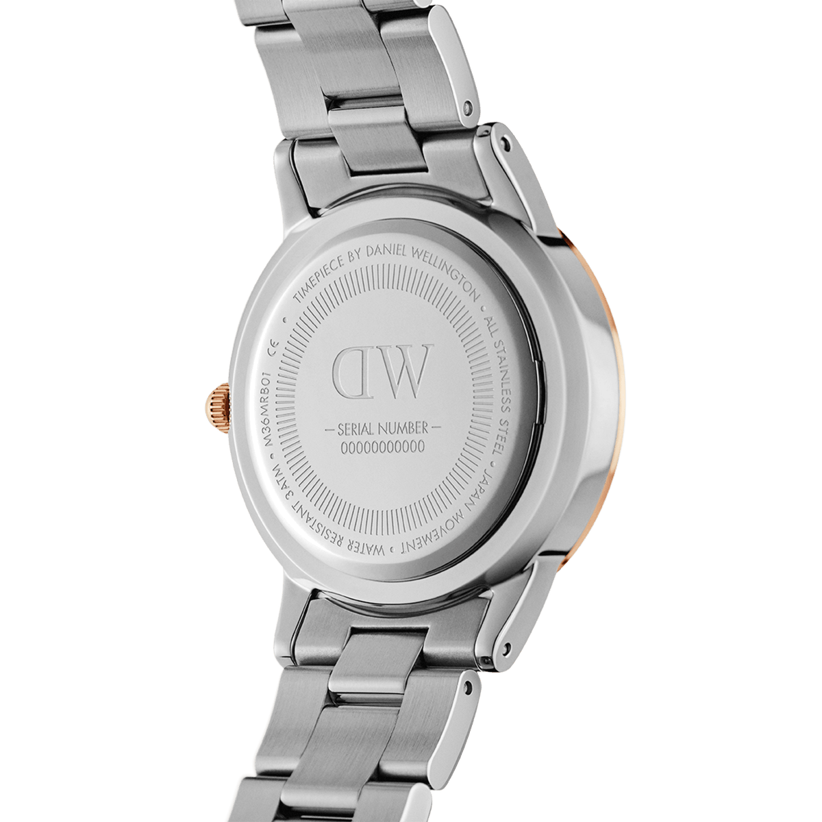 Back view of the Iconic Link Lumine Rose Gold watch, showing the stainless steel case, engraved branding, and secure link bracelet with rose gold accents.