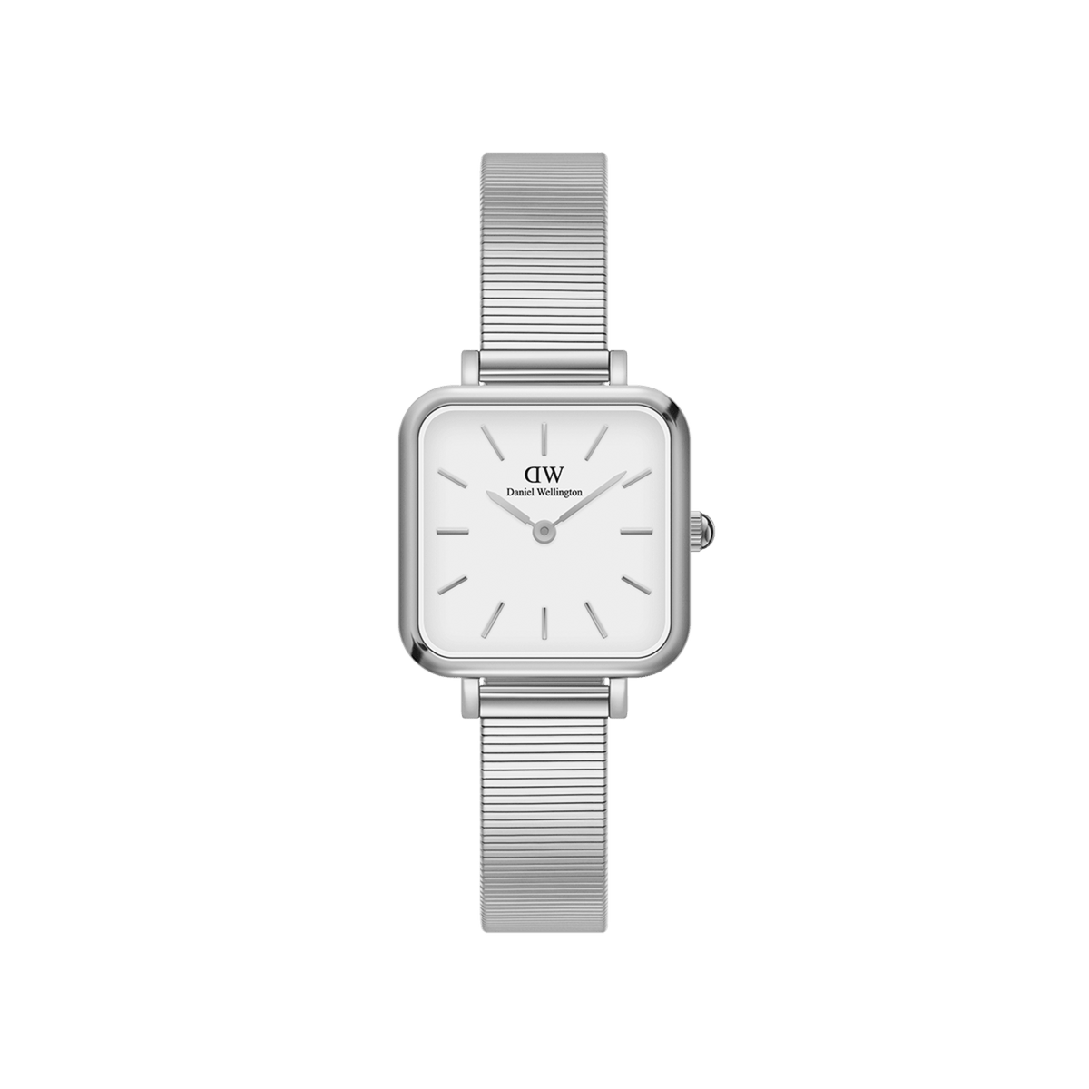 Quadro Studio ladies watch with a petite square eggshell white dial, minimalist silver piano link strap, and adjustable clasp, designed for everyday elegance and comfort.