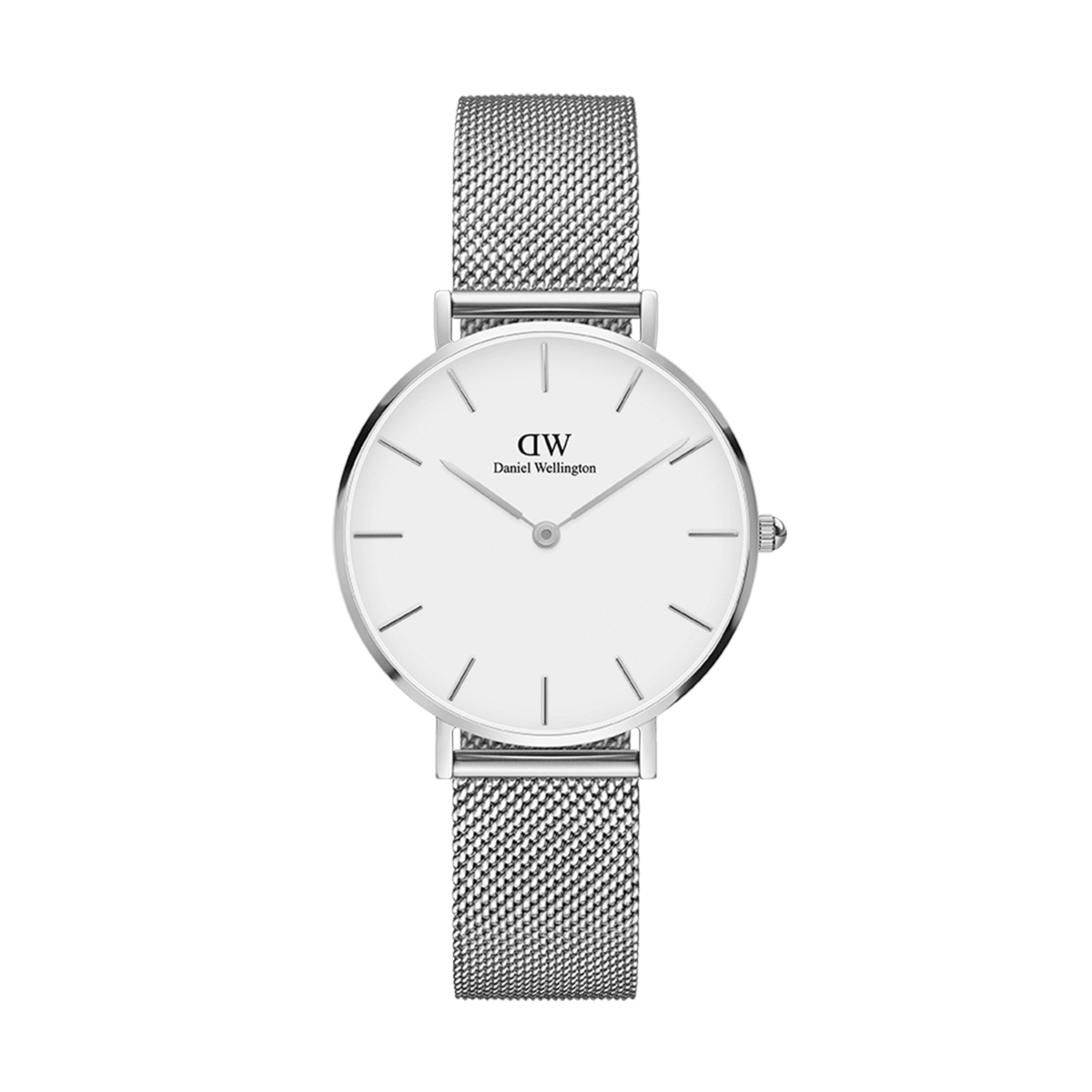 Petite Sterling Silver watch with a round white dial and slim stainless steel mesh strap, featuring minimalist hour markers and a refined silver finish.