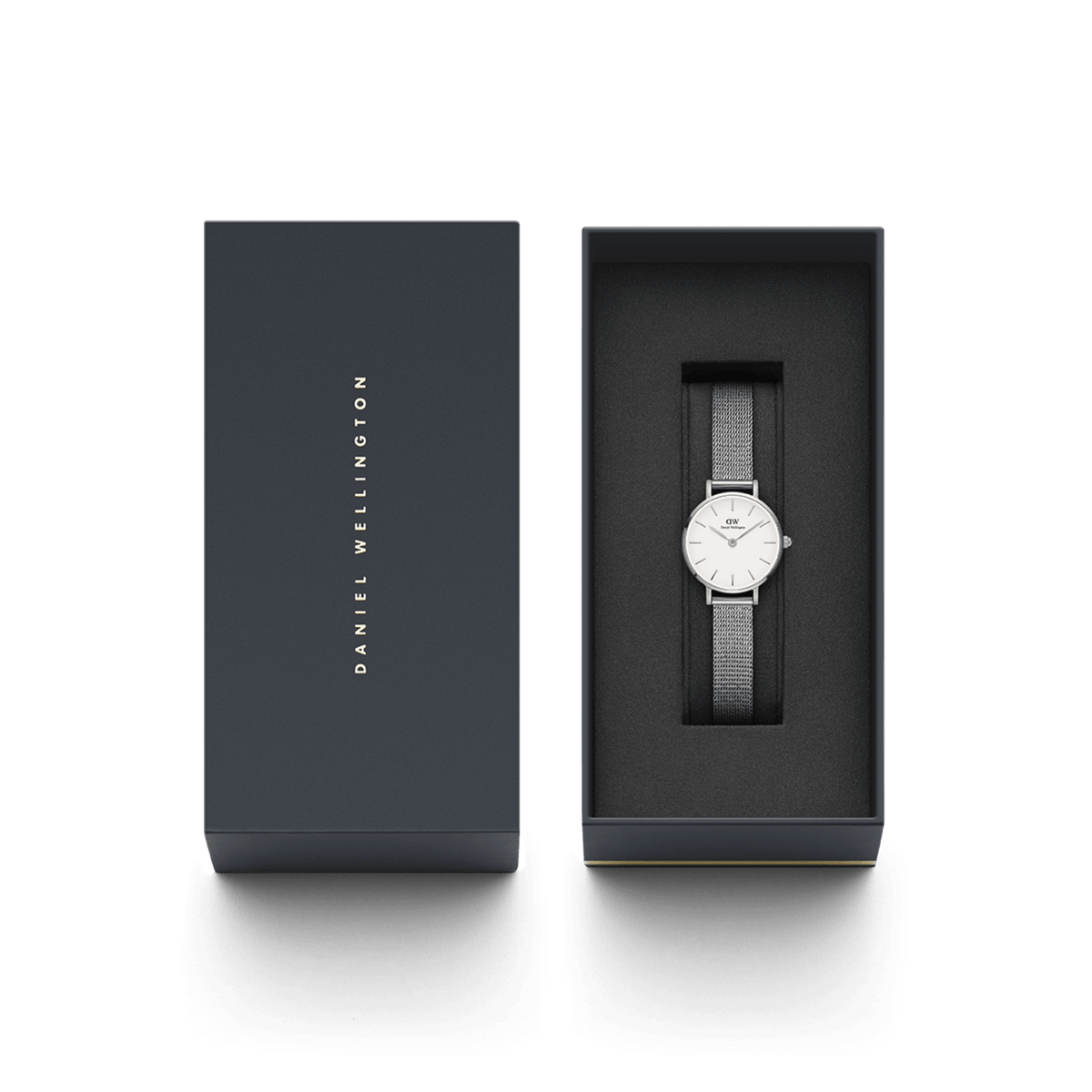 Petite Pressed Sterling ladies watch with a silver mesh strap and white dial, elegantly presented in a branded Daniel Wellington gift box, perfect for gifting or adding to your collection.