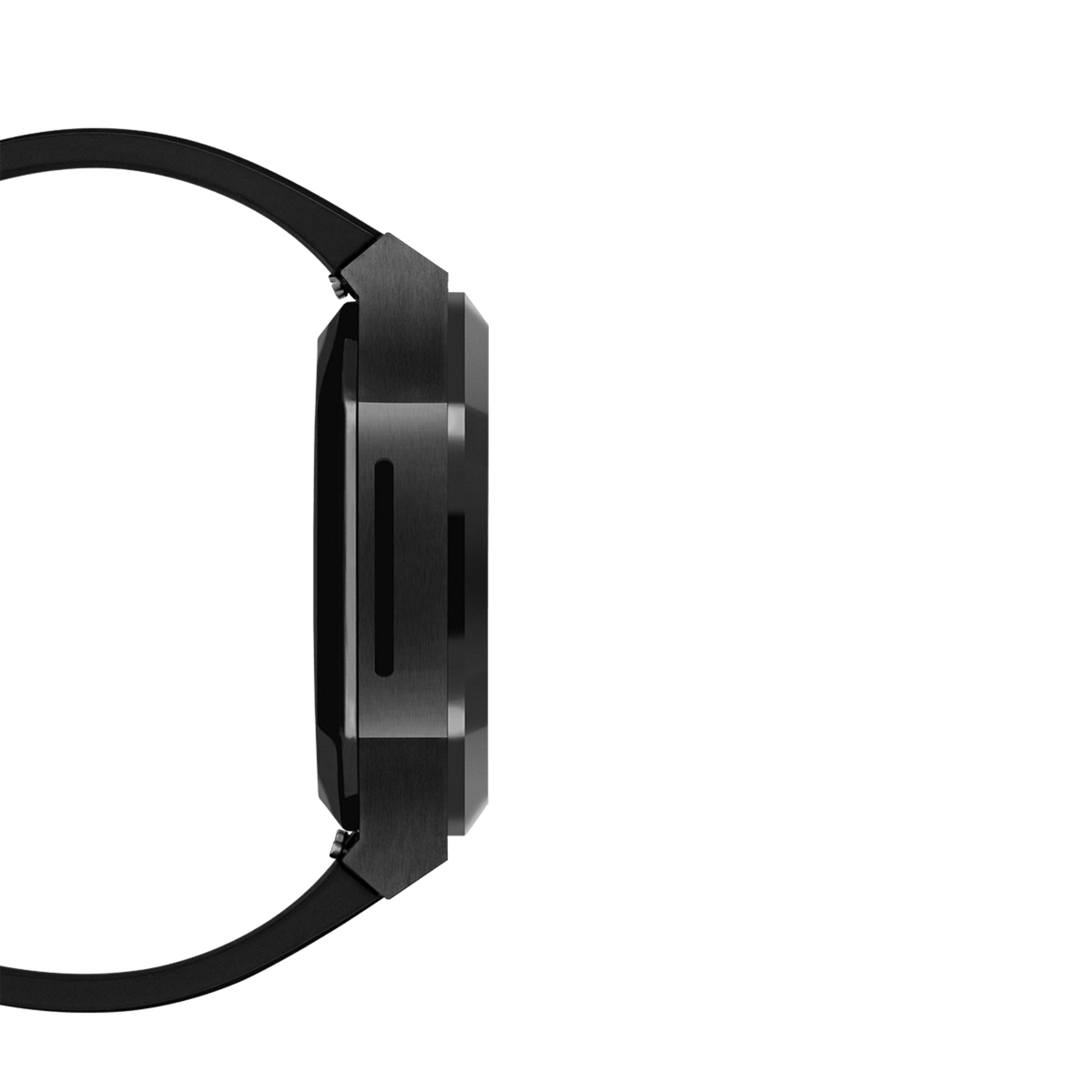 Side profile of the Switch Black Black Apple Watch case, showing the brushed stainless steel frame, geometric contours, and the integrated FKM rubber strap for Series 6, 5, 4, and SE models.