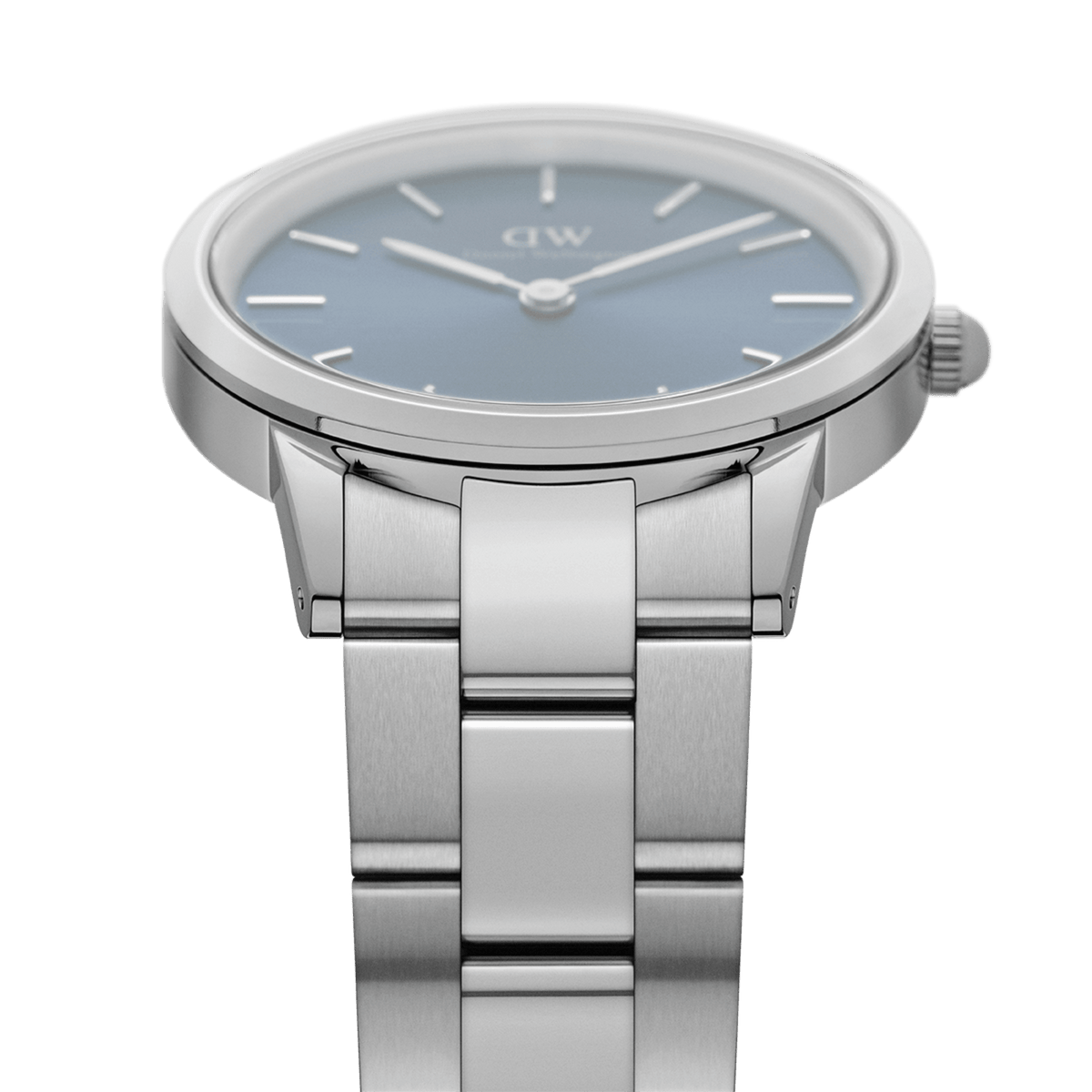 Close-up of the Daniel Wellington Iconic Link Arctic Silver watch, highlighting its brushed stainless steel bracelet and slim case with a blue sunray dial and minimalist hour markers.